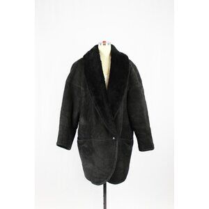 Vintage 80's WOLFF Black Genuine Sheepskin Suede Leather Shearling Coat, Size XL